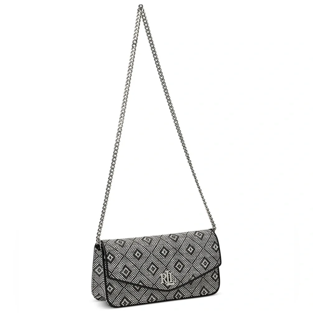 NWT Lauren Ralph Lauren Geo-Motif Woven Straw Med Sawyer Bag Black/natural Geo
